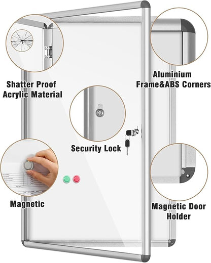 36"x24" Enclosed Bulletin Board, Lockable Weather-Resistant Aluminum Noticeboard for School & Office, Silver Frame w/Magentic Whiteboard