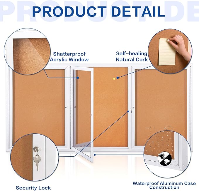 SWANCROWN Weather Resistant Enclosed Bulletin Board Cork Displays Case Wall Mounted Notice Cabinet with Three Lockable Doors, 70x36 inches