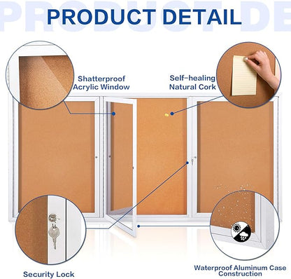 SWANCROWN Weather Resistant Enclosed Bulletin Board Cork Displays Case Wall Mounted Notice Cabinet with Three Lockable Doors, 70x36 inches