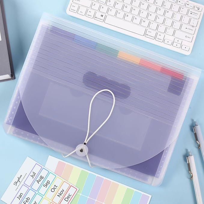 SKYDUE Accordion File Organizer, 12 Pockets File Folders, Letter Size Expanding File Folder with Colored Tabs and Expandable Cover (Transparent)