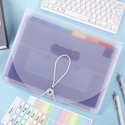 SKYDUE Accordion File Organizer, 12 Pockets File Folders, Letter Size Expanding File Folder with Colored Tabs and Expandable Cover (Transparent)