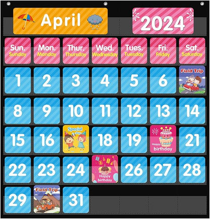 REGELETO Large 44 Pockets Calendar Pocket Chart for Classroom with 85 Cards, Size:25” X 24” Monthly Calendar and Weather Black Pocket Chart for Kids Learning for Home or Kindergarten (44 Pockets)