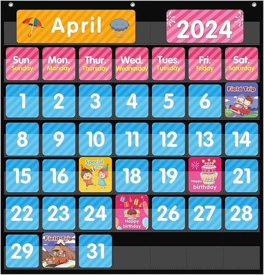 REGELETO Large 44 Pockets Calendar Pocket Chart for Classroom with 85 Cards, Size:25” X 24” Monthly Calendar and Weather Black Pocket Chart for Kids Learning for Home or Kindergarten (44 Pockets)