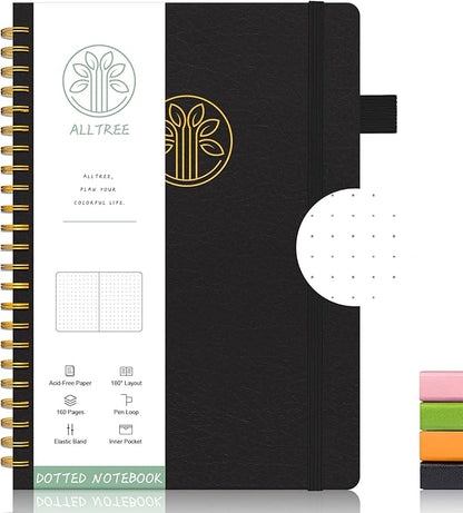 Alltree Spiral Dot Grid Notebook Journal, Dotted Paper Notebook for Work, Hardcover Spiral Bound Notebook with Pen Loop, Pocket, Stickers, 160 Pages, Journal for Women & Men, Black(6"x8.5")