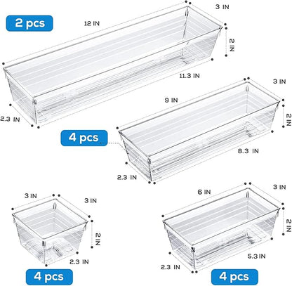 DCA 14 PCS Clear Plastic Drawer Organizer Tray, 4 Sizes Desk Drawer Divider Organizers and Storage Bins for Makeup, Kitchen Utensils, Jewelries and Gadgets