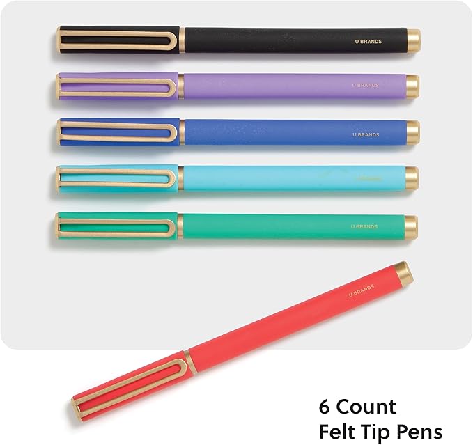 U Brands Catalina Felt Tip Pens, Set of 6, Assorted Colors with Gold Details, Medium (0.7 mm) Point, Assorted Color Ink