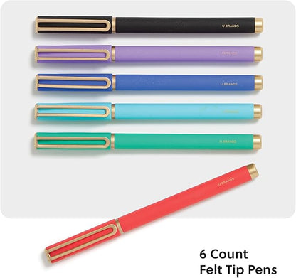 U Brands Catalina Felt Tip Pens, Set of 6, Assorted Colors with Gold Details, Medium (0.7 mm) Point, Assorted Color Ink