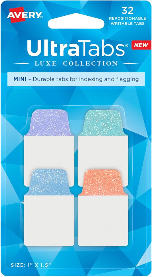 Avery Mini Ultra Tabs, 1" x 1.5", Pastel Sparkle Shimmer Designs, 32 Repositionable Page Tabs (74149)