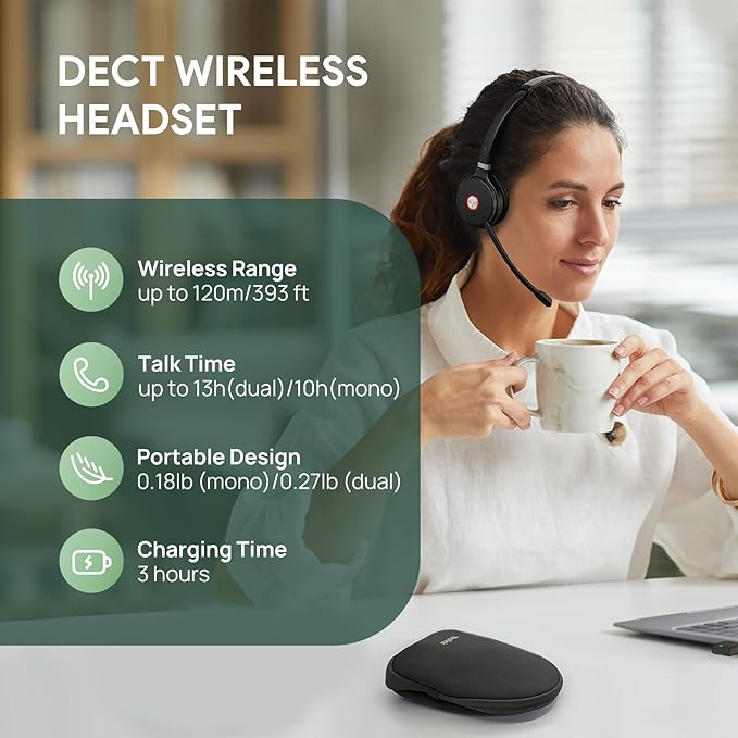 Yealink WH62 Portable Wireless Headset with DECT Dongle, Headset for Teams, Zoom Skype Certified, Office Work Headset with 2X Noise Cancelling Mic, 13 Call Time, 393 ft Range for Computer, Desk Phone