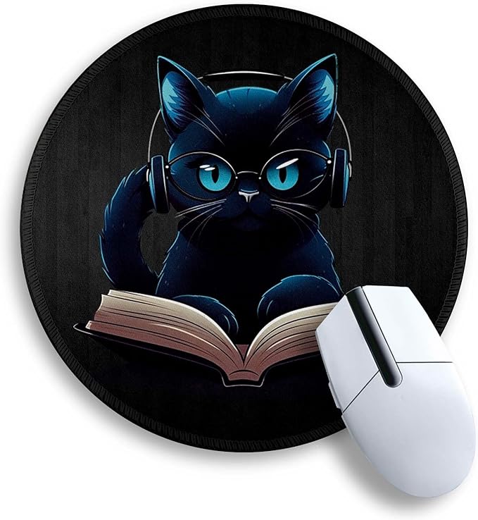 Gctriki Black Cat Round Mouse Pad for Desk Gaming Office Laptop, Funny Small Computer Mousepad with Stitched Edge Non-Slip Rubber Base, Cute Cat Office Decor Desk Accessories Supplies