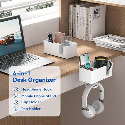 KDD 4 in 1 Desk Cup Holder - Clamp on Under Desk Headphone Hanger - Rotating Headphone Holder Detachable Pen Cup Holder Desk Storage for Cup, Phone and Pen(White)