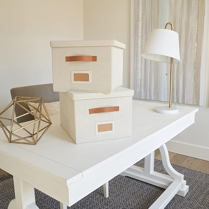 ZICOTO Decorative File Organizer Box Set of 2 - Collapsible Linen Filing Cabinets w/Handles Are Perfect to Store all Your Documents & Hanging File Folders - Portable Easy Slide Crates with Lid