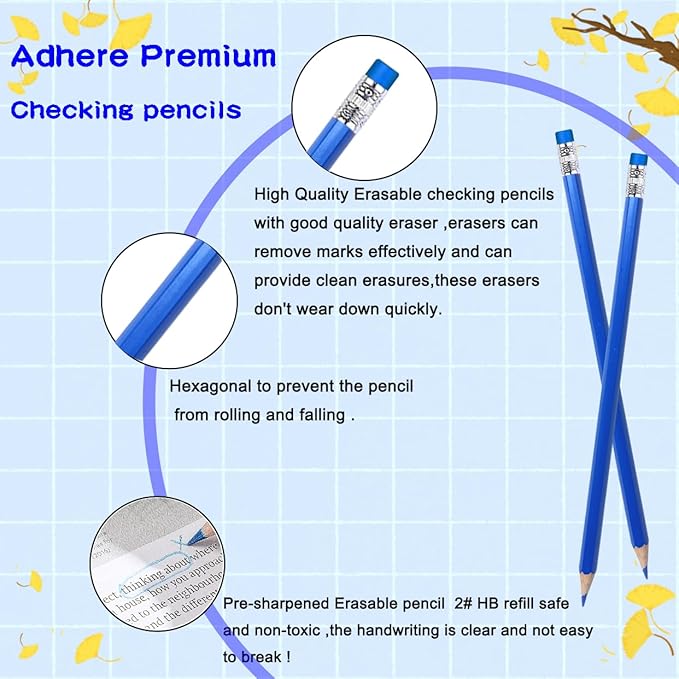 Adhere 25pcs Checking Pencils Erasable colored Pencils Pre-Sharpened #2 HB,for Checking Tests Grading Map Coloring,school Correcting,editing Office Favors,including a Free sharpener..(Blue)