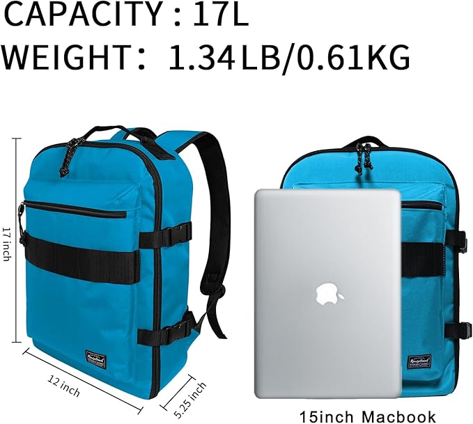 Travel Backpack 17L Lightweight Casual Small Carry-on Daypack 15-inch Laptop Notebook, Underseat Overnight Weekender, Blue