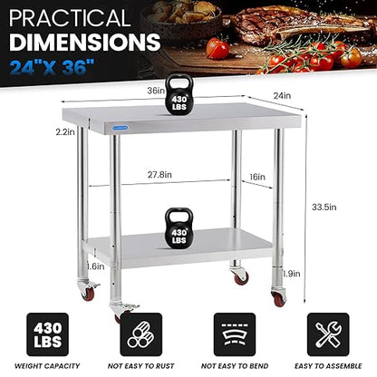 Stainless Steel Table for Prep & Work with 4 Caster Wheels with Undershelf 24 x 36 NSF Metal Commercial Kitchen Adjustable Undershelf Worktable for Restaurant Home Outdoor