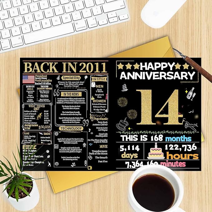 Joycard 14th Anniversary Card for Women Men, Gold Wedding Card for Wife Husband, Sweet Marriage Decorations Gifts for Couple, Perfect for Her Him on Anniversary Day, Back in 2011