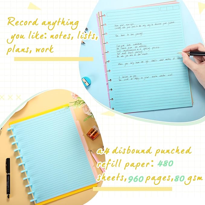 PerKoop 12 Pack 480 Sheets Colored Discbound Refill Paper 8.5 x 11 Inch College Ruled 11 Disc Letter Size Lined Paper Multicolored Refill Notebooks Disc Paper for Refill Paper Journaling(Candy Color)