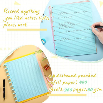 PerKoop 12 Pack 480 Sheets Colored Discbound Refill Paper 8.5 x 11 Inch College Ruled 11 Disc Letter Size Lined Paper Multicolored Refill Notebooks Disc Paper for Refill Paper Journaling(Candy Color)