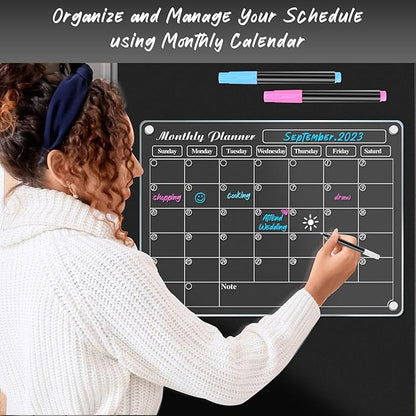 DIYMAG Acrylic Magnetic Dry Erase Calendar for Fridge, Clear Acrylic Calendar Planning Board Magnetic Monthly Planner Menu for Refrigerator with 3 Highlight Markers