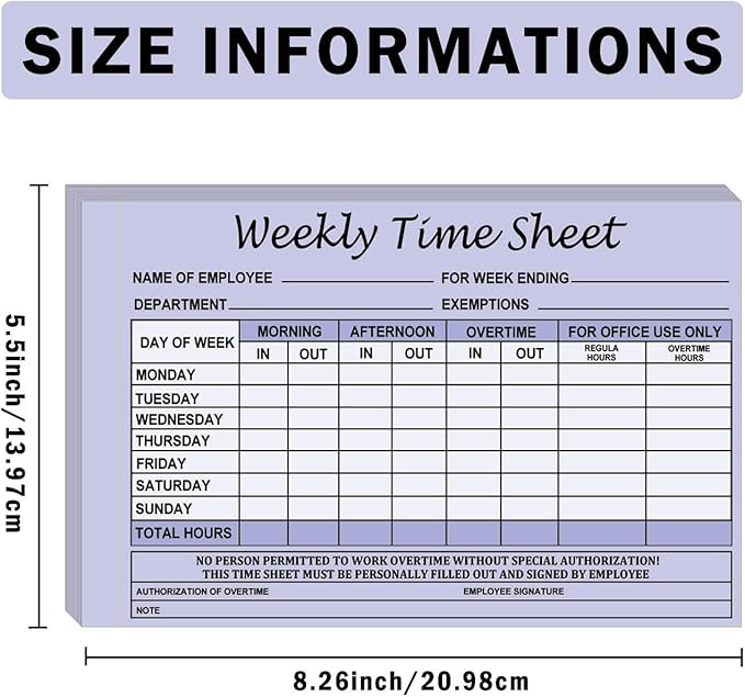 Employee Weekly Time Sheets Weekly Format 2 Part Carbonless 5.5 x 8.26 Inch - Daily Time Sheet Log Book Weekly Format 100 Sets