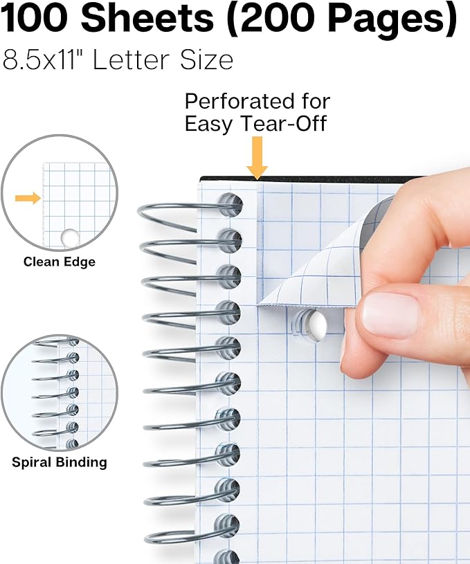 Dunwell Graph Paper Notebook 8.5 x 11 (3-Pack Red Blue Black) Plastic Cover, 100 Sheets (200 Pages), Perforated 3-Hole Punched, 4x4 Squares, Spiral Notebook, 1/4" Grid, Divider with Pockets