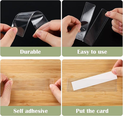 60 Pack 1.2" x 4.3" Self Adhesive Label Holders with 60Pcs Paper Label Inserts, Shelf Tag Label Holder Clear Pockets for Bookshelf Mailbox Shelves Storage Bins