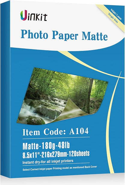 Uinkit 120 Sheets Presentation Paper Matte 8.5x11 Inkjet 48lb 180gsm Single Side Printable Photo for All Dye Ink Inkjet Printers