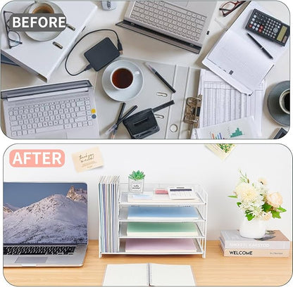 OPNCIE Desk Organizers and Accessories, 4 Tier Paper Letter Tray File Organizer, Office Organization Storage Desk Accessories Workspace Desktop Organizer for Classroom Office Supplies Decor, White