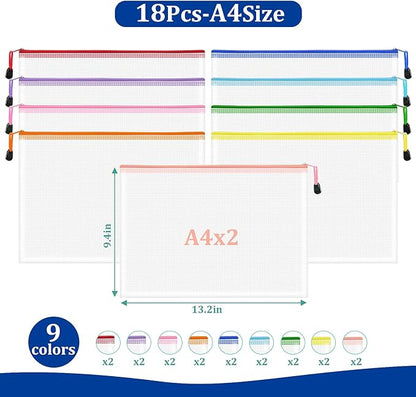 18pcs Mesh Zipper Pouch Bags, A4 Zipper Pouch, Mesh Bags With Zipper, Plastic Zipper Pouches, 9 Colors Zipper Pouches for Organizing, Board Game Storage, Travel, School Office organize