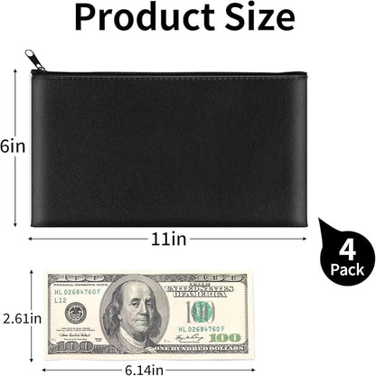 4 Pack Money Bags with Zipper, 11x6.1 Inch PU Leather Cash Pouch, Secure Bank Bag for Coins, Bills, Checks, Invoices, Cosmetics, Tools (Black)