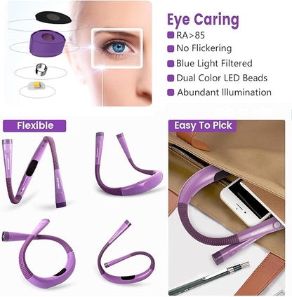 Glocusent Book Light, 3-Color & 6-Brightness Reading Light, Bendable Neck Light, 80-hr Lasting Rechargeable Lamp, Perfect Book Light for Reading in Bed, Knitting, Camping, Repairing, Book Lovers Gifts