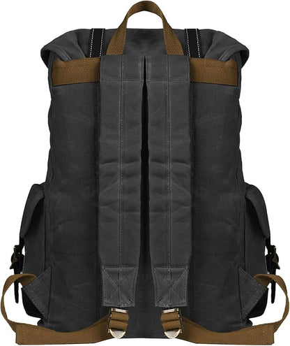 Backpack for Men Heavy Duty Waxed Canvas Vintage Women Trim Casual 15.6" laptop Travel Backpack-Black