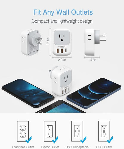 20W PD Multi Plug Adapter, TESSAN 3 USB Wall Charger Multiports (1 USB C Fast Charger), Cube Charging Station for Cruise, Home, Office, Dorm Essentials