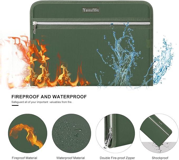 Fireproof Safe Accordion File Organizer Bag Folder,Waterproof Expanding Filing Folder with 14 Pockets, A4 Letter Size, Document Organizer Holder and Color Labels /2 Zipper (Green 14.3" x 9.8")