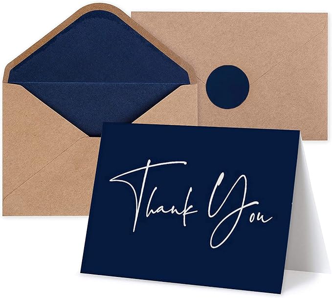 120 Classy Navy Blue Thank You Cards Bulk- professional Thank U Greeting Notes, Blank Inside with matching Brown Kraft Envelopes & Stickers Perfect for Wedding, Business,Graduation & Much More.