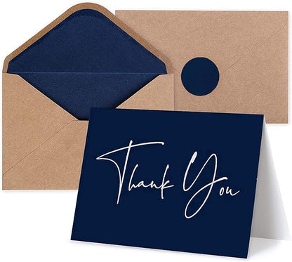 120 Classy Navy Blue Thank You Cards Bulk- professional Thank U Greeting Notes, Blank Inside with matching Brown Kraft Envelopes & Stickers Perfect for Wedding, Business,Graduation & Much More.