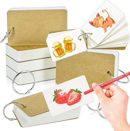 MotBach 300 Sheets White Blank Flash Cards with Binder Rings,3.5 x 2.2 Inch Index Cards, Small Note Cards Study Cards Learning Cards Kraft Paper Cards, Easy Flip Mini Index Note Flashcards (6 Pack)