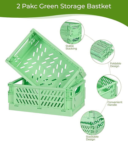 4-Pack Small Pastel Plastic Storage Baskets, Collapsible Crates for Organizing, Space-Saving Mini Bins for Classroom, Kitchen, Office, Bedroom (Green, 9.8" x 6.5" x 3.8")