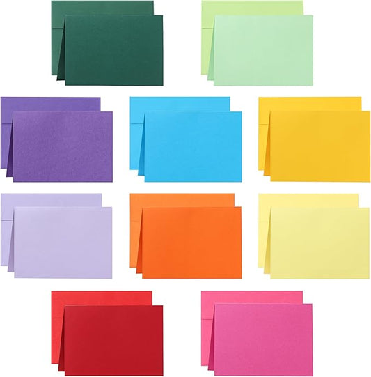 10 Assorted Colors Blank Note Cards and Envelopes 5 x 7 Heavyweight Folded Cardstock and A7 Envelopes Self Seal 100 Packs for Invitations, Wedding, DIY Greeting Cards, Thankgiving Cards