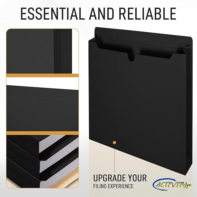 Black File Jackets, 2 Inch Expansion, Letter Size, Reinforced Straight-Cut Tab, 6 Pack