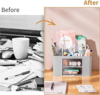 Marbrasse Pen Organizer with 2 Drawer, Multi-Functional Pencil Holder for Desk, Desk Organizers and Accessories with 5 Compartments + Drawer for Office Art Supplies (Grey)