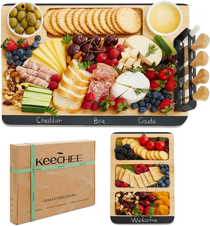 Charcuterie Board Gift Set: Large Bamboo Cheese Board with Chalkboard Edge & Forks - Ideal for Housewarming, Weddings, Bridal Showers, and Unique Gifts for Mom