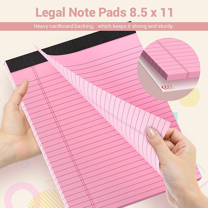 Legal Pads 8.5 x 11 Colored Notepad, 3 Pack Note Pads Wide Ruled Lined Paper, Micro Perforated Writing Pads Legal Pad, 30 Sheet/Note Pads, Notebook Paper Tablet for School, Pink Legal Pad 8.5 x 11