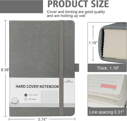 Lined Journal Notebook, 360 Numbered Pages(With page number), Thick Journal for Writing A5 College Ruled Notebook, 100gsm Lined Paper, Leather Hardcover, 5.75'' X 8.38''-Wall Gray