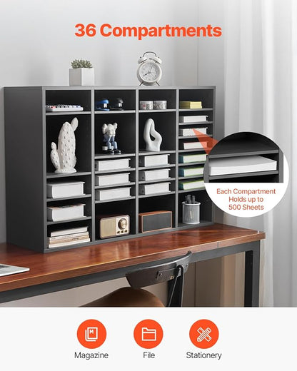 VEVOR Literature Organizer, 36 Compartments Office Mailbox with Adjustable Shelves, Wooden Mailbox Sorter Medium Density Fiberboard Office Home Classroom Storage for Files, Documents, Papers, Grey