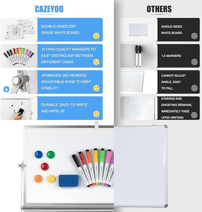 Dry Erase White Board, Cazeyoo Magnetic Desktop Whiteboard 16 x 12inch with Stand, 10 Markers, 4 Magnets and 1 Eraser, Portable Double-Sided White Board for Kids Drawing, Office, Home, School - White