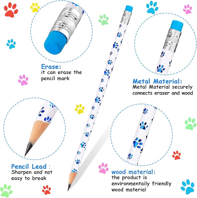 Chinco 100 Pcs Paw Print Pencils Dog Paw Wooden Writing Novelty Pencils with Erasers for Kids Doggy Party Favors Welcome Back to School Party Supplies, 6 Colors