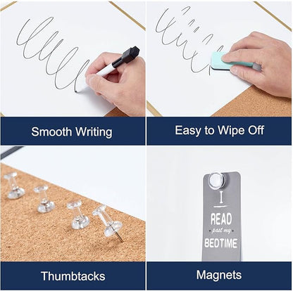 TSJ OFFICE Small Combination Board - 16" X 12" Portable Aluminum Gold Framed Magnetic Dry Erase Board for Wall, Small Bulletin Cork Board with Holder for Office, Home and School