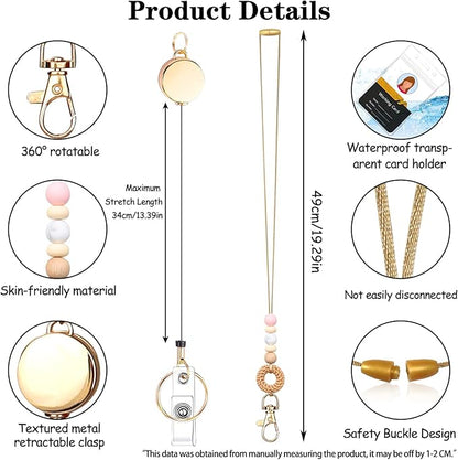 Colorful ID Badge Holder with Silicone Beads Lanyard Set,Cute Teacher Breakaway Lanyard for Keys & Keychain with Cute Retractable Badge Reel Holder,Gift for Women,Nurse, Teacher. (D)