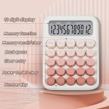 Mechanical Switch Calculator with Big Buttons, 12 Digits, Large LCD Display, Cute Pink Desktop Calculator, Aesthetic School Supplies for Office, School, Home & Business Use, Automatic Sleep (Pink)